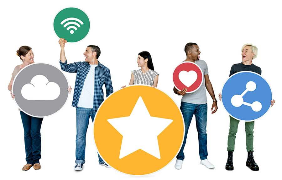 happy people holding internet icons