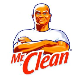 Blad head man with arms folded on white background with red text reading Mr. Clean.