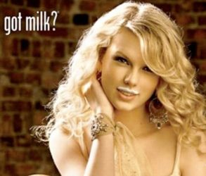 Beatuiful blonde woman with milk mustache. White text asking: Got Milk?