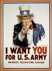 Uncle Sam Pointing on white background with text reading "I wan you for US Army".